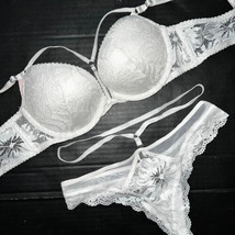 Nwt Victoria&#39;s Secret 32A Bra Set Xs Thong White Palm Foil Lace Bridal Very Sexy - £78.89 GBP