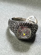 Ornate Silvertone w Large Clear Rounded Square Rhinestone CZ Ring Size 7 – - £11.90 GBP
