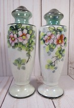 VINTAGE Japanese Lusterware Salt &amp; Pepper Shakers Green Pink Flowers 5&quot; Tall. - £7.80 GBP