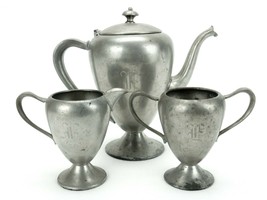 Vintage Pewter Tea Set, Teapot/Sugar/Creamer, Manhattan Pewter, &quot;E&quot; Monogrammed - £39.12 GBP