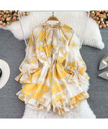 Bohemian Tie Dye Printed Ruffle V-Neck Wide Leg Chiffon Romper - $42.95