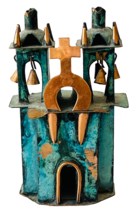 Vintage Copper Metal Church with Bells Rustic with Painted Patina Peru - $24.18