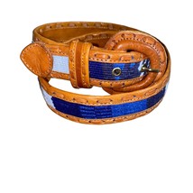 Stitched woven Genuine Leather retro boho indie Print Belt medium brown/blue - £25.22 GBP