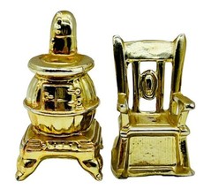 Vintage Rocking Chair Pot Belly Stove Salt Pepper Shakers Gold Tone Metal - £9.43 GBP