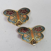 Vintage Clip Earrings Cloisonne Butterflies 2 Inch - $8.50