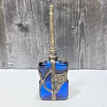 Moroccan Cobalt Blue Glass Perfume Bottle Sprinkle Embossed Metal Overlay - £42.24 GBP