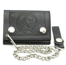 Trifold Black Leather Biker Chain Wallet Embossed Jesus Christ Design - £15.81 GBP