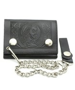 Trifold Black Leather Biker Chain Wallet Embossed Jesus Christ Design - $27.05 CAD