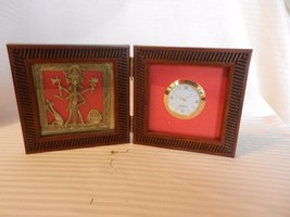 Unique Quartz Clock in Folding Wood Case With Asian God, Cat, Fruit - $50.00
