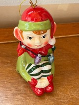Large Mr. Christmas Marked Cute Ceramic Elf w Light Up Necklace Christmas Tree - £7.50 GBP