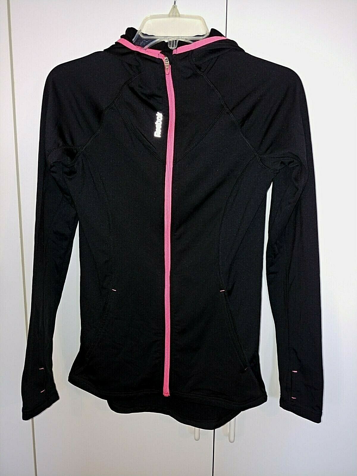 Primary image for REEBOK LADIES LS BLACK HOODED ZIP WARM-UP JACKET W/THUMB HOLE-XS-GENTLY WORN