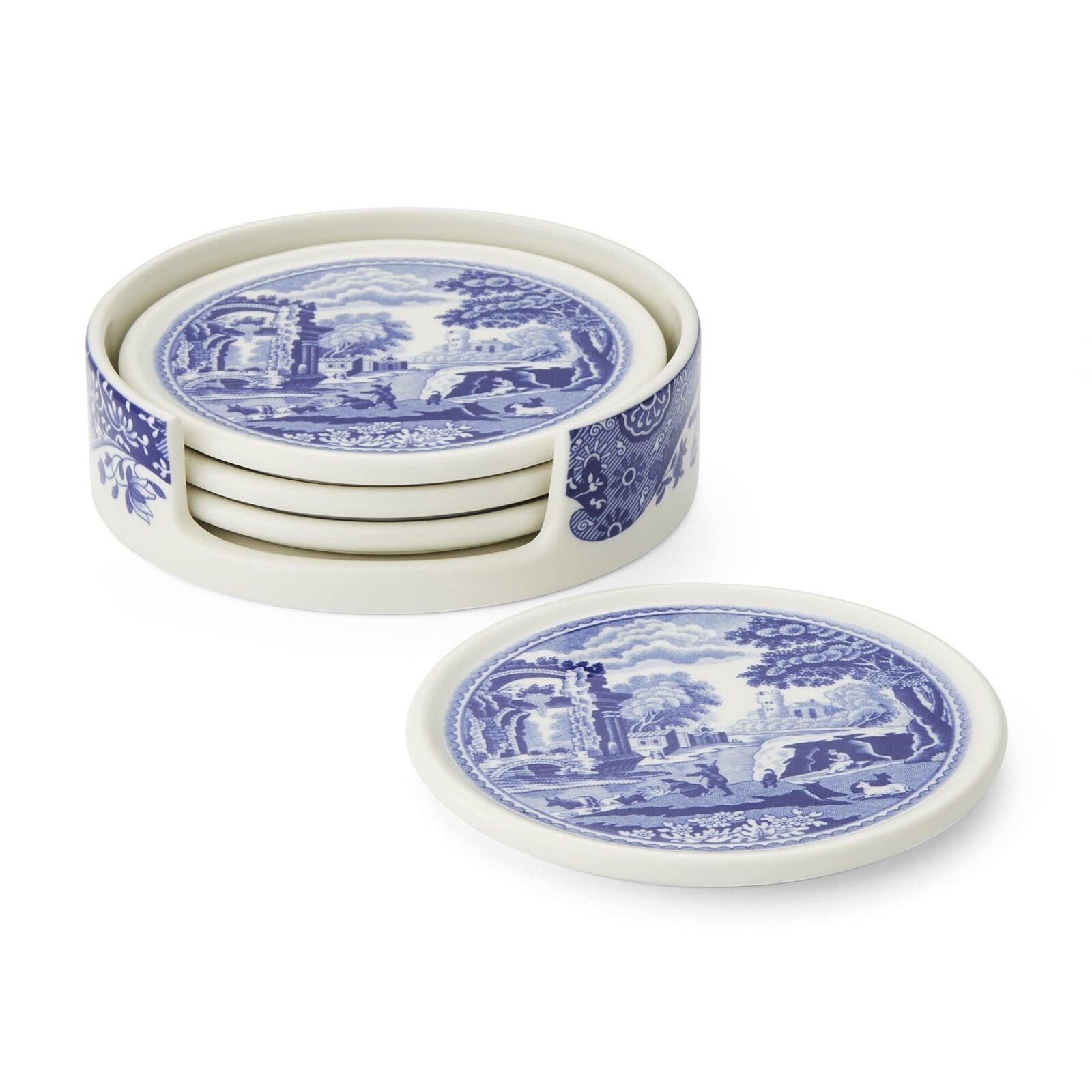 Spode Blue Italian 4 Piece Ceramic Coasters with Holder, 3.75 In Each, Giftware
