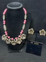 Chunky Pink Beads And Silver Tone Flowers Necklace & Pierced Earrings Set (4275) - $34.65
