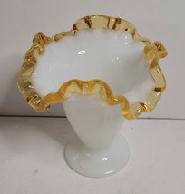 Fenton Milk Glass Vase with Amber Ruffled Edges VTG - £19.61 GBP