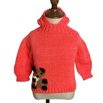 Vintage Handmade Knit Hooded Sweater 9-12 m Infant Pink Full Zip Back Teddy Bear - £21.74 GBP