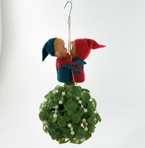 Retro Christmas Ornament/Mistletoe Kissing Ball Hanging With 2 Elfs Vintage - £15.97 GBP