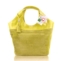 LAZETTI Italian Made Natural Yellow Lime Perforated Leather Designer Tote Purse - £250.27 GBP