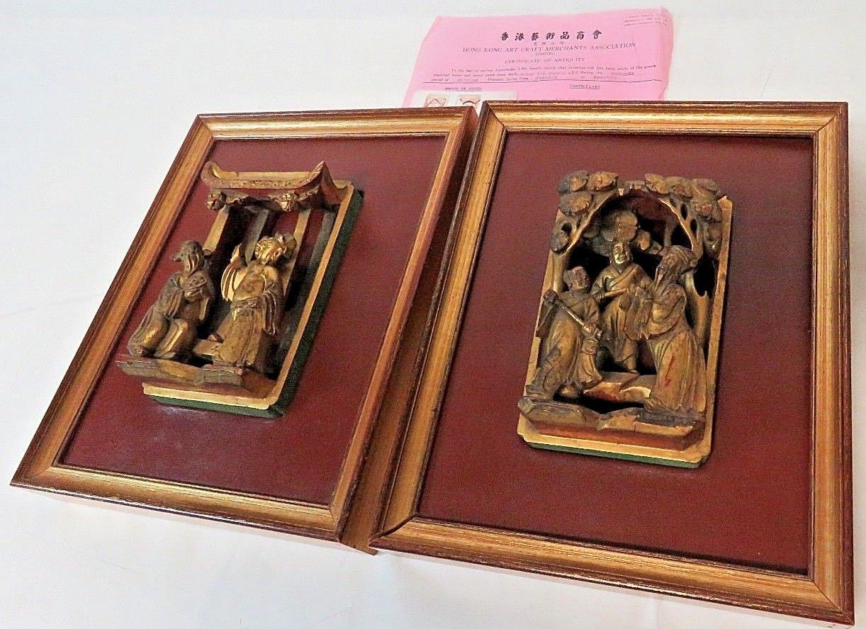 Primary image for Certified Antique Pair of Carved Gilt Wooden Panel Chinese Figures Circa 1850