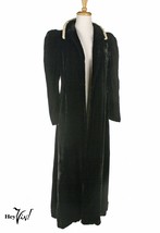 Vintage 40s Black Velvet Coat - Abraham &amp; Straus -Puff Sleeve, White Fur Trim -M - £117.15 GBP