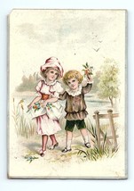 Victorian Trade Card White Cap Baking Powder Young Children Walking With Flowers - £10.89 GBP