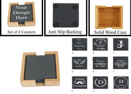 Customized Slate Coasters Set of 4, Laser Engraved Drink Coasters with Wooden Ca - £15.58 GBP+