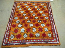 4x5 Vintage Hand Knotted Moroccan Tribal Wool Rug Geometric Stars Orange Nice - £374.29 GBP