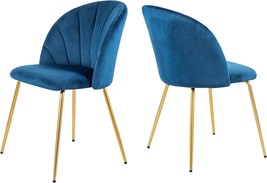 Mid-Century Modern Dining Chairs, Set Of 2, Gold, Tufted Royal Blue Velvet - £201.26 GBP