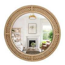 24&quot; Round Rattan Wall Mirror with Wooden Frame - Modern Boho Decor for Bathroom  - £93.81 GBP