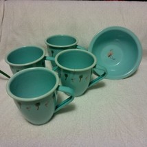 Marble Canyon enamelware 4 mugs and 6 1/2  bowl, flamingo palms turquoise - $65.00