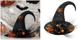 16&quot; Black Tinsel Witch&#39;s Hat with Orange Glittered Roses Halloween Decor... - £126.29 GBP