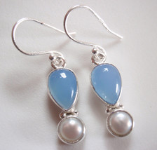 Chalcedony Teardrop and Cultured Pearl 925 Sterling Silver Dangle Earrings - £11.46 GBP