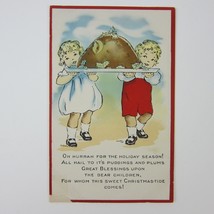 Christmas Postcard Blonde Boy &amp; Girl Carry Giant Pudding Plate Whitney A... - £4.69 GBP