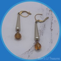 Fashion Elongated Teardrop Pearl &amp; Gold Crystal Drop Dangle Earrings - Handmade - £6.26 GBP