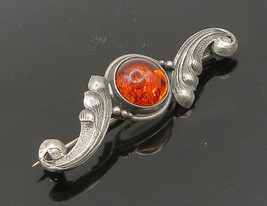 POLAND 925 Sterling Silver - Vintage Cabochon Amber Swirl Brooch Pin - BP9318 - $67.15