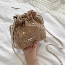 Fashion Small Shoulder Bags  Women Drawstring Straw Beach Bags Flower Embroidery - £24.22 GBP