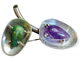 1950&#39;s  Los Castillo Sterling Silver modernist Turquoise and Malachite Brooch - £122.92 GBP