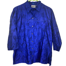 Chicos 1 Design Silk Button Front Shirt Embroidery Cording Blue Womens M 8 FLAW - £12.74 GBP