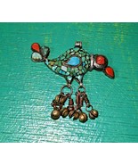 HUGE VINTAGE ETHNIC TIBETAN TURQUOISE CORAL 925  SILVER BIRD AND BELLS  ... - $1,444.70 MXN