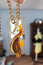 orange glass seahorse necklace, lampwork glass pendant,  gold plated metal chain - $7.99