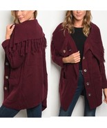 Burgundy Knit Winter Cardigan Sweater Large Snap Closures Fringe Sz Small - $27.71