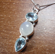 Moonstone Blue Topaz 3-Gem 925 Sterling Silver Necklace Corona Sun Jewelry c85g - £14.45 GBP
