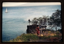 1973 Maui Cliff Diver Carrying Torch towards Black Rock 1 Kodachrome 35mm Slide - £2.33 GBP