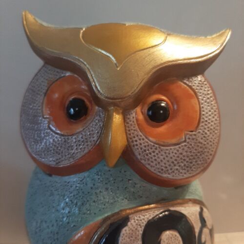 Primary image for Art Deco Owl Sculpture Statue 9” Home Decor Colorful Bird Aqua Gold Mirrored
