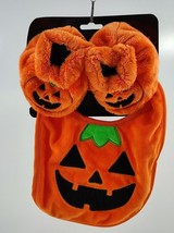 Halloween Baby Bib and Booties Set Furry Orange Plush Pumpkin Jack O&#39; Lantern - £9.15 GBP