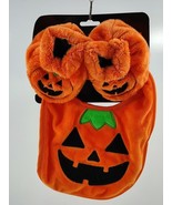 Halloween Baby Bib and Booties Set Furry Orange Plush Pumpkin Jack O&#39; La... - $15.70 CAD