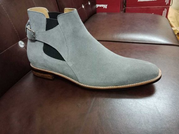 NEW Handmade men's Suede jodhpurs Chukka boot,Men's Gray ankle high buckle boot