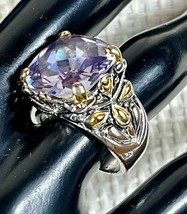 VTG Art Deco Estate Filigree Purple Stone Ring Silver Overlayed 18K Gold HGE 7 - £58.26 GBP