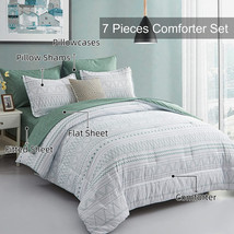 Boho Green Geometric Comforter Set 7 Pieces Queen Size, Sage Green Bed in a Bag - £76.92 GBP