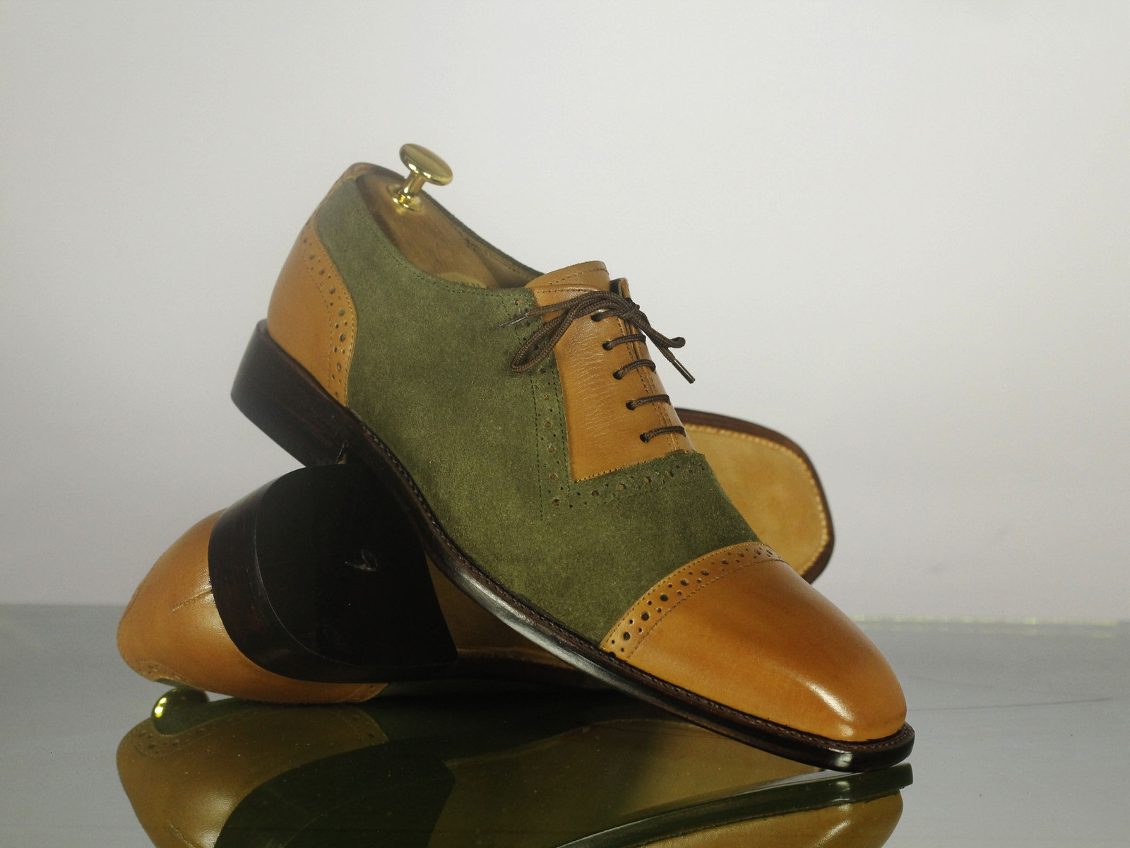 Handmade Men's Tan Green Cap Toe Leather Suede Shoes, Men Designer Dress Shoes