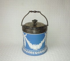 Blue Jasperware Draped Grapevine Antique Cracker Jar or Biscuit Barrel - $69.29